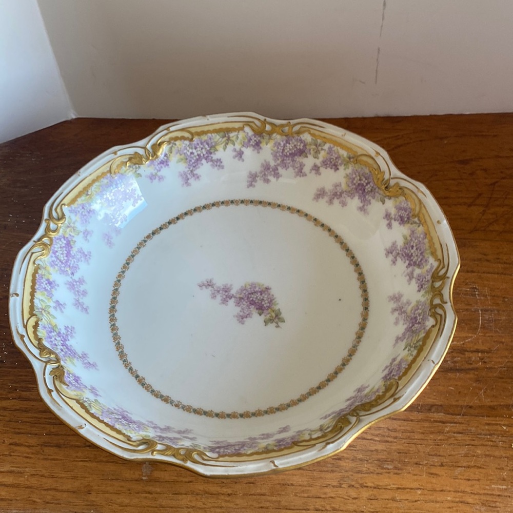 Vintage LDBC Flambeau Limoges France lilac gold leaf accents 9” serving bowl